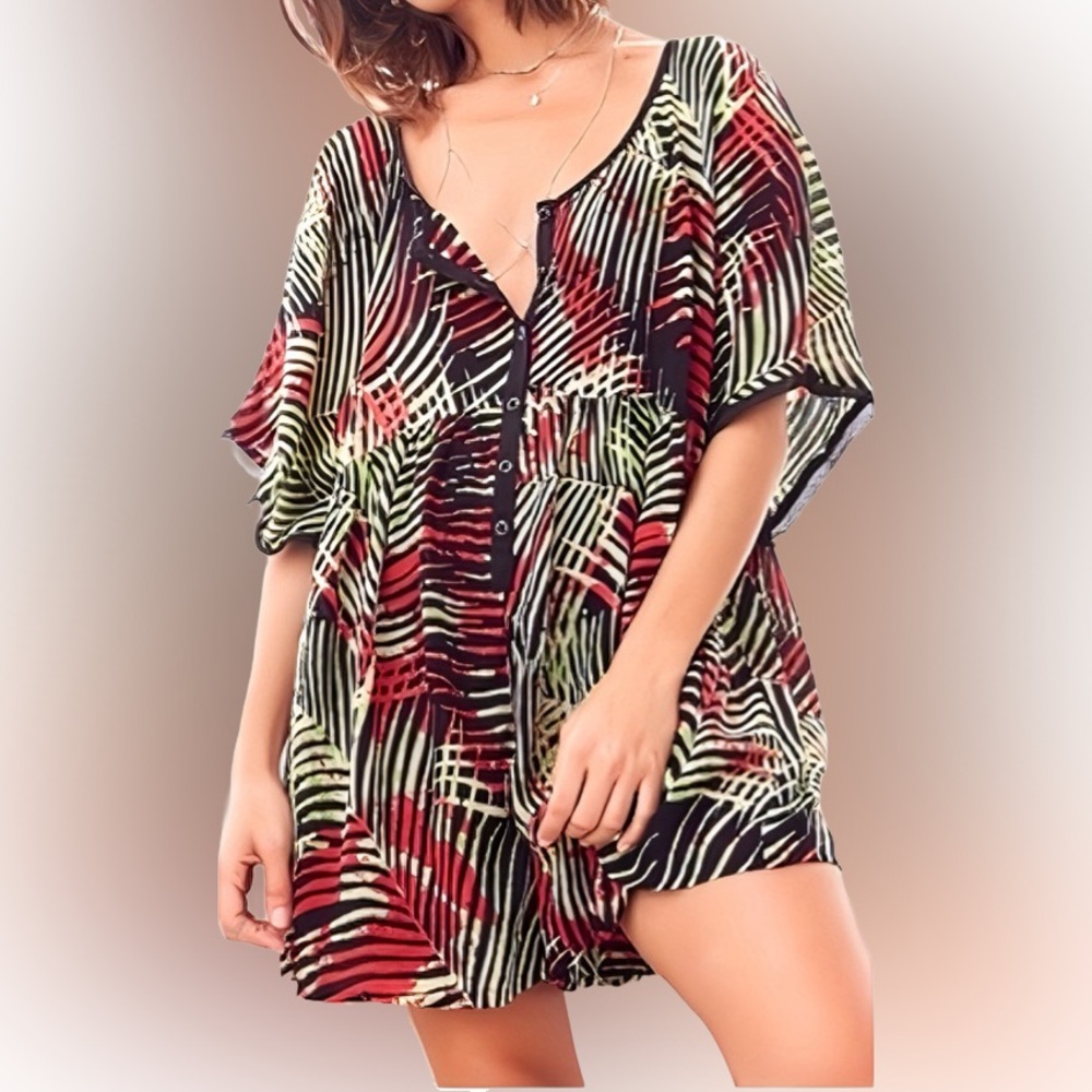 🌺Ecote Women's Blouse with Red and Green Leaf Print🌸🌺